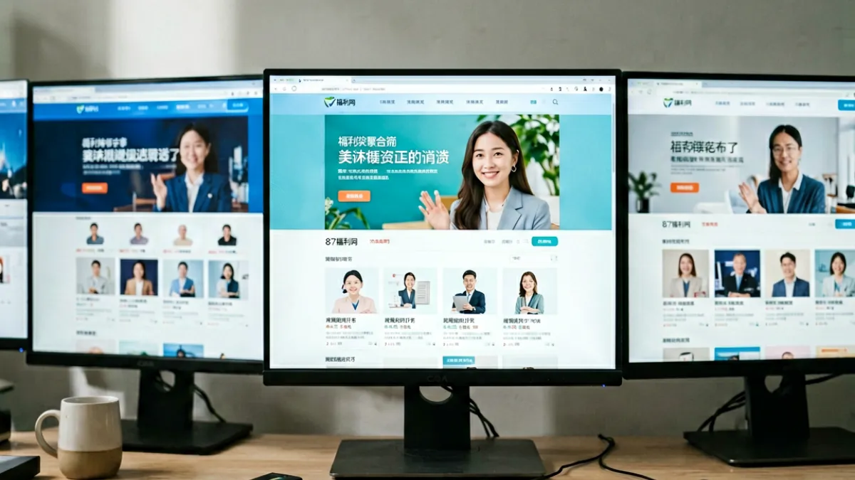 87福利网与多个同类福利平台在电脑屏幕上并排展示，对比界面整洁度与资源丰富程度